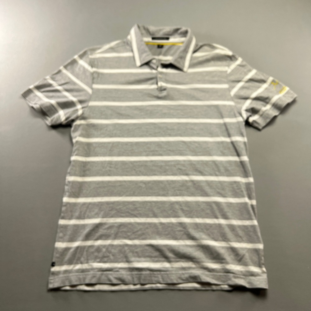 Travis Mathew Performance Golf Polo Shirt Mens Medium Gray Striped Cotton Logo